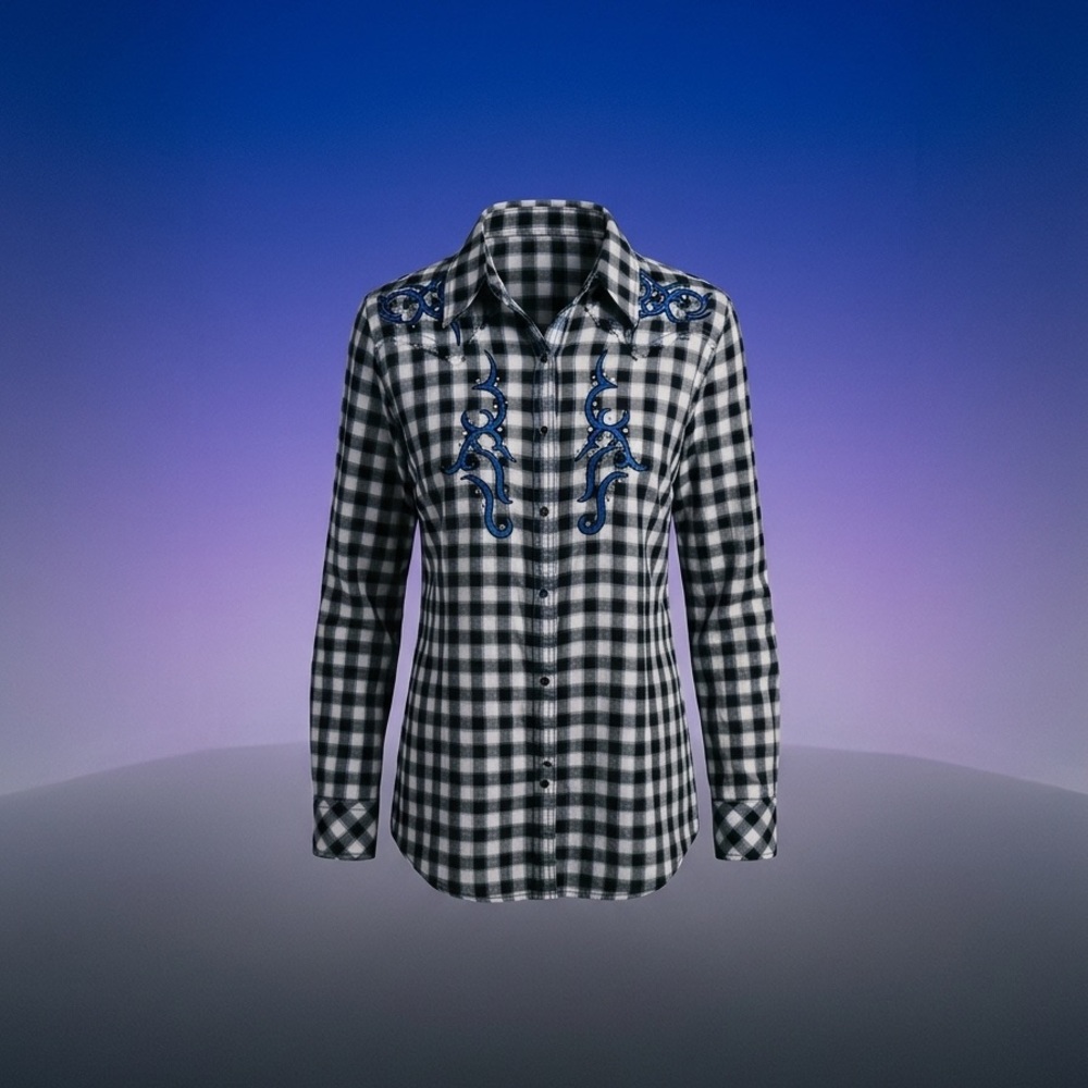 Wrangler Size XL Black & White Check Western Shirt with Blue Embroidery